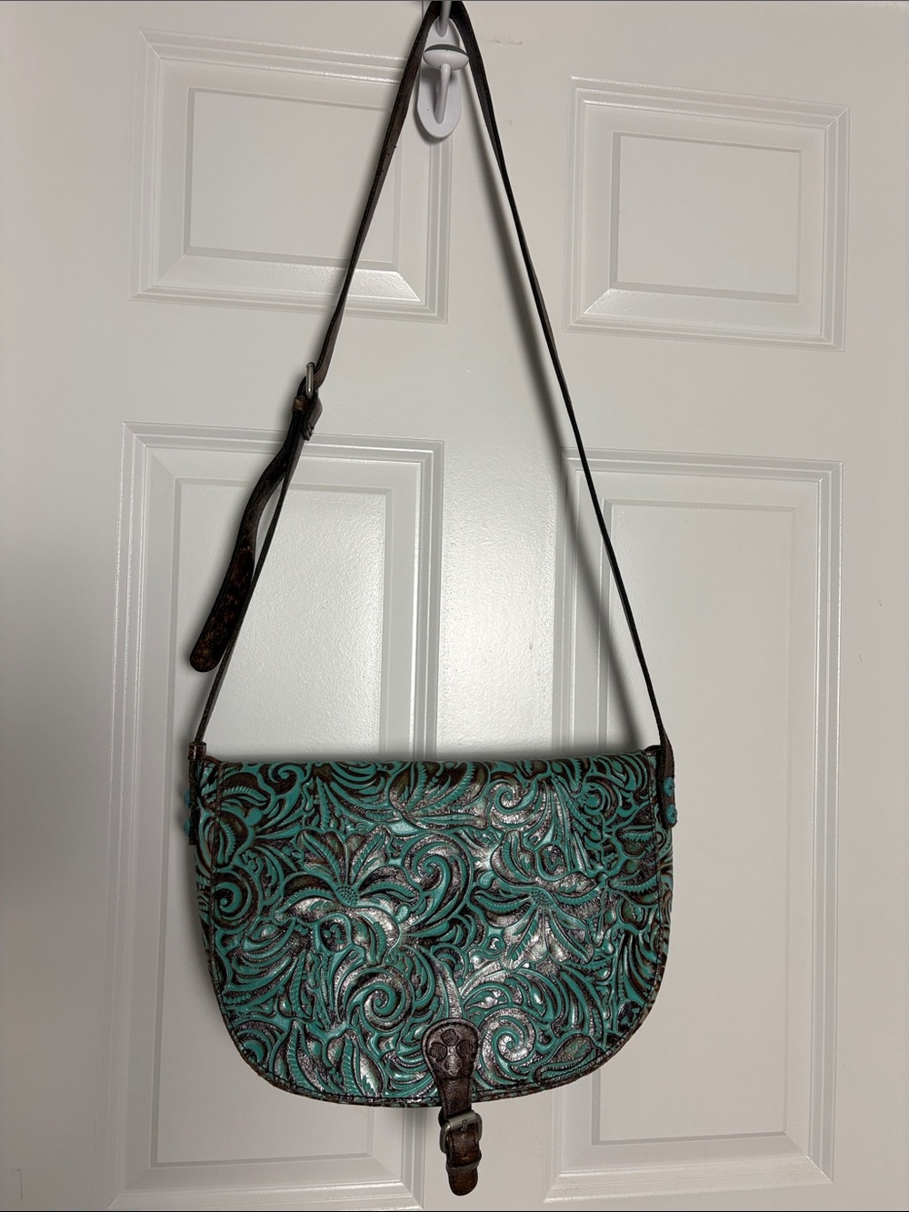 Patricia Nash Turquoise Tooled Leather Crossbody Bag - Elegant Floral Pattern